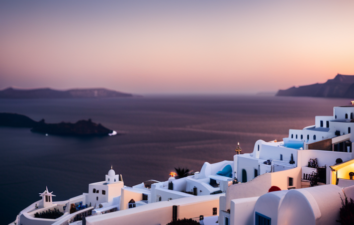 An image showcasing the breathtaking view of cruise ships docked at the enchanting port of Santorini