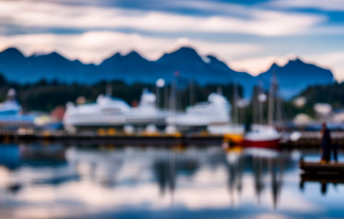 An image that showcases a picturesque coastal town in Sitka, Alaska, with a majestic backdrop of snow-capped mountains