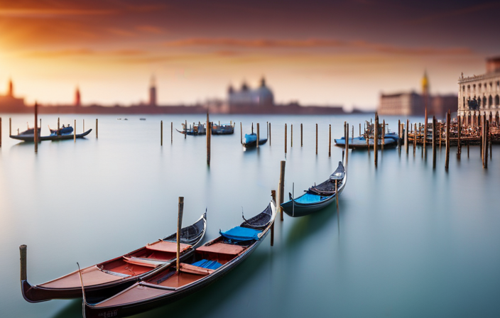 An image showcasing the iconic Venetian lagoon, adorned with glistening gondolas gliding past Riva dei Sette Martiri, while massive cruise ships majestically anchor near the enchanting cityscape of Venice, Italy