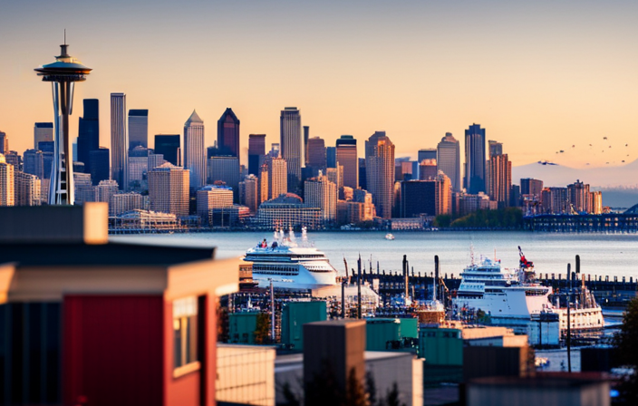 An image showcasing Seattle's bustling waterfront, with a panoramic view of the iconic Elliott Bay
