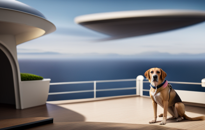 An image that showcases a cruise ship's designated service dog relief area, featuring a spacious, astroturf-covered deck with a discreetly placed waste disposal bin and a picturesque view of the ocean in the background