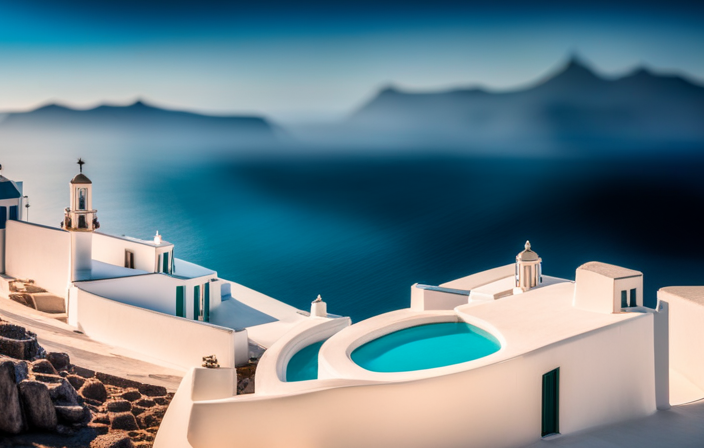 An image showcasing the breathtaking view of the iconic white buildings cascading down the steep cliffs of Santorini, with vividly colored cruise ships elegantly anchored in the caldera below, surrounded by crystal clear turquoise waters