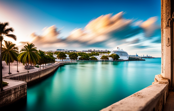 An image that showcases the stunning Royal Naval Dockyard in Bermuda, with a massive Carnival Cruise ship majestically docked amidst the vibrant turquoise waters, historic stone buildings, and lush greenery