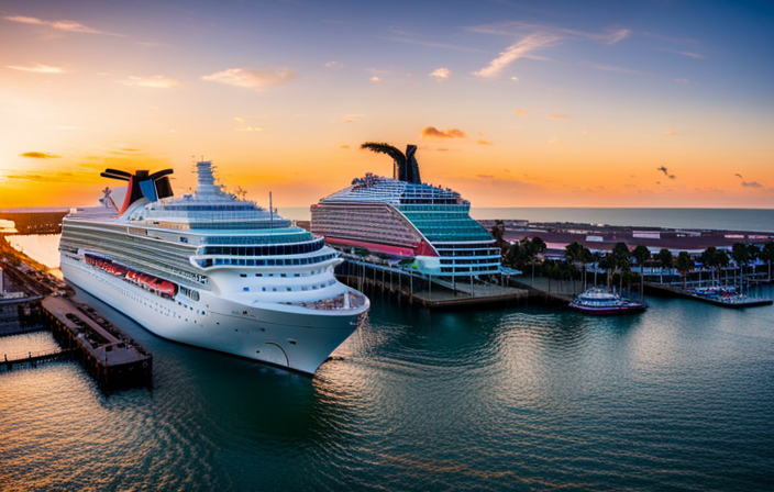 An image showcasing the vibrant, bustling Galveston harbor, with a colossal Carnival Cruise ship majestically docked at Pier 25