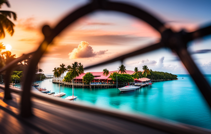 An image depicting a bustling port in Belize, with a towering cruise ship docked beside a vibrant pier lined with local vendors