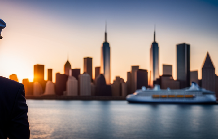 An image capturing the vibrant New York City skyline as a backdrop, with the iconic Disney Cruise ship majestically docked at the bustling Manhattan Cruise Terminal, surrounded by gleaming skyscrapers and the shimmering Hudson River