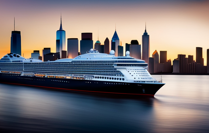 An image showcasing the iconic Manhattan skyline at sunset, with the majestic Norwegian Cruise Line ship anchored at Pier 88, surrounded by bustling activity at the Manhattan Cruise Terminal, hinting at its departure point in New York