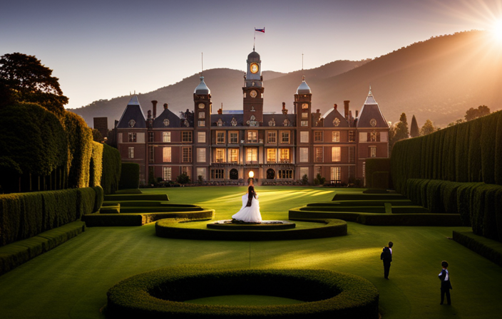 An image showcasing a prestigious private school with manicured lawns, grandiose Victorian architecture, and a towering iron gate adorned with the school's emblem, hinting at the mysterious institution attended by Suri Cruise