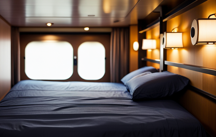 An image showcasing the crew's sleeping quarters aboard a cruise ship: narrow bunk beds neatly lined against the walls, each with a personal curtain for privacy, dimly lit by soft bedside lamps