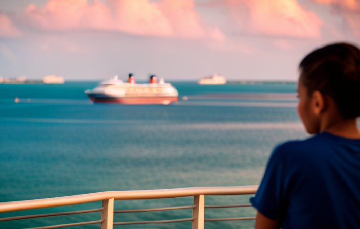 An image showcasing the Disney Cruise departing from Florida's Port Canaveral, gliding past the iconic Kennedy Space Center, and sailing towards the pristine turquoise waters and palm-fringed shores of the Bahamas and Caribbean islands