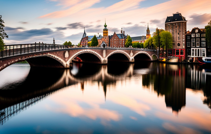 An image capturing the enchanting sight of a Viking River Cruise ship gracefully gliding under the iconic Magere Brug (Skinny Bridge) in Amsterdam, surrounded by the picturesque Amstel River and charming waterfront houses