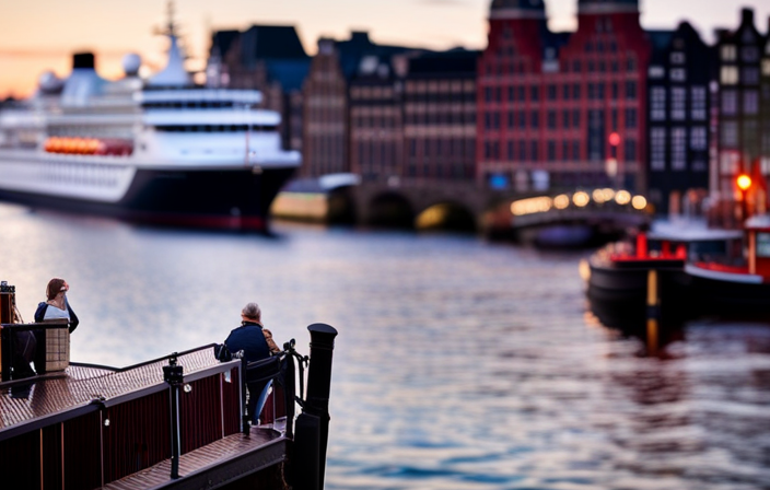 An image showcasing the iconic Viking River Cruise ship majestically docking at Amsterdam's picturesque Passenger Terminal, with its distinctive architecture and vibrant surroundings, including quaint bicycles, charming canal houses, and bustling waterfront activity