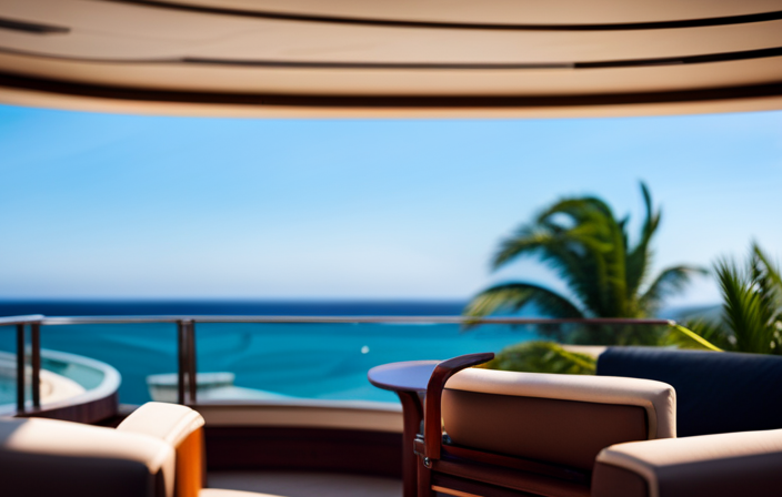 An image showcasing a serene, secluded corner of a cruise ship's upper deck, adorned with comfortable loungers, gentle swaying palm trees, and panoramic views of the vast, calm ocean, offering respite to those prone to motion sickness