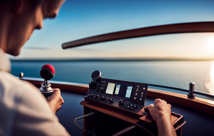 An image capturing the majestic view from the bridge of a cruise ship, showcasing the panoramic ocean expanse stretching towards the horizon, with the ship's control panel and navigation instruments in the foreground