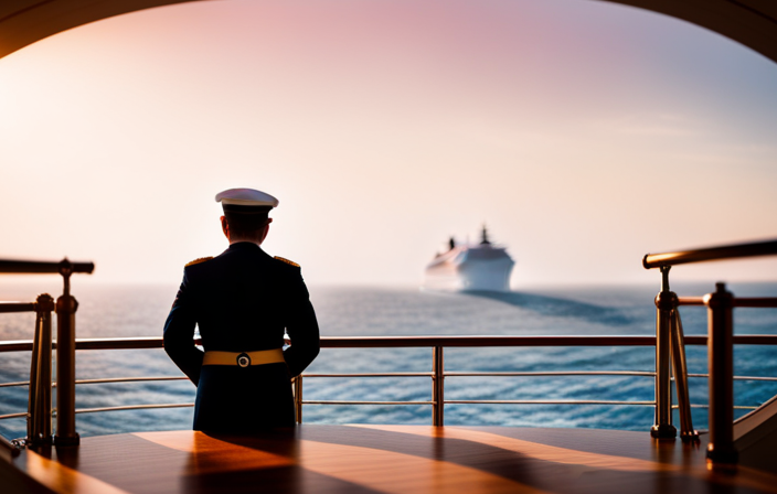 An image showcasing the majestic bridge of a cruise ship, where the captain stands amid a sea of instruments, navigating the vast ocean