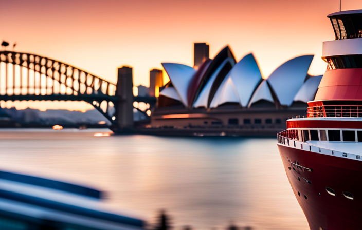 An image showcasing the iconic Sydney Harbour Bridge and the Opera House in the background, while portraying a Carnival cruise ship docked at Circular Quay, the vibrant heart of Sydney's bustling port