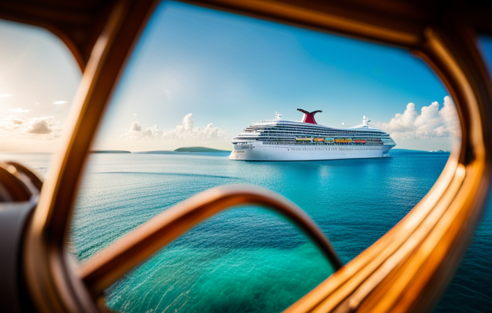 An image capturing the Carnival Liberty Cruise Ship in all its grandeur, elegantly sailing through the crystal-clear turquoise waters of the Caribbean, surrounded by lush green islands and palm-fringed white sandy beaches