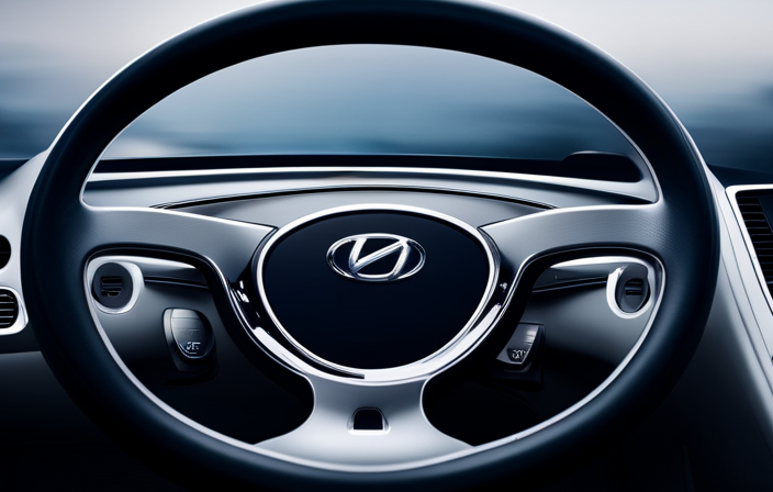 An image capturing the interior of a Hyundai Accent, showcasing a close-up view of the steering wheel's right-side control panel