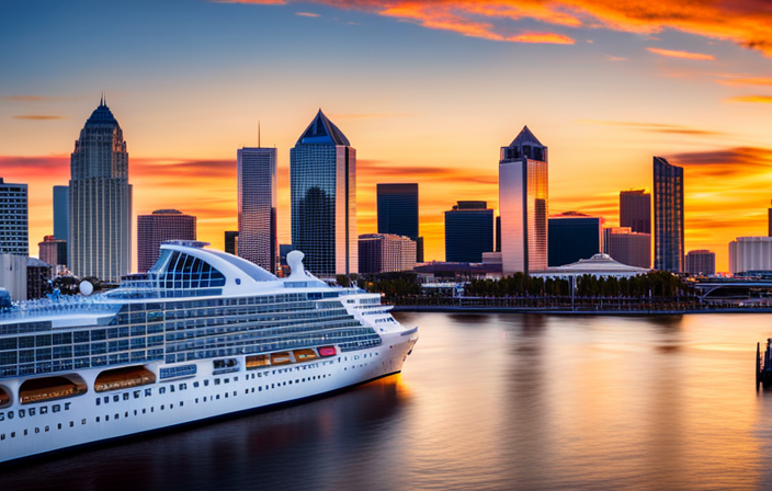 An image showcasing the vibrant Jacksonville skyline, with a majestic cruise ship docked at the JAXPORT Cruise Terminal