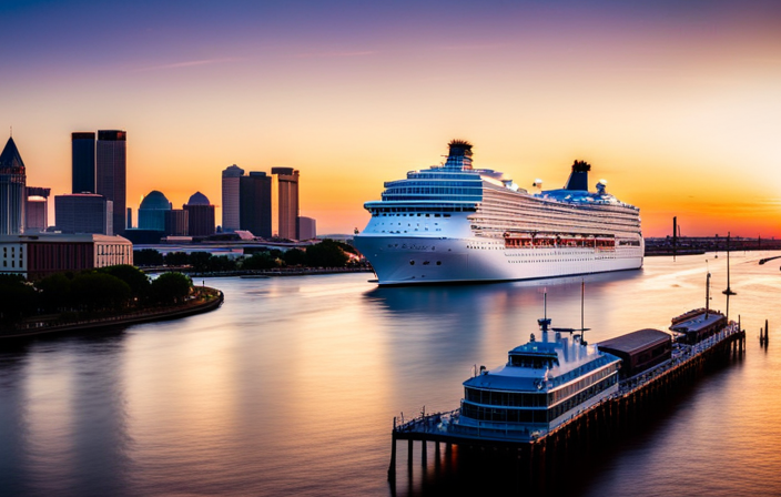 An image showcasing the bustling scene at the cruise ship port in New Orleans