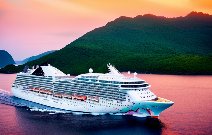 An image featuring the majestic Norwegian Dawn cruise ship gliding through crystal-clear turquoise waters, surrounded by lush green islands with jagged cliffs towering above, as a brilliant sunset paints the sky in hues of orange, pink, and purple