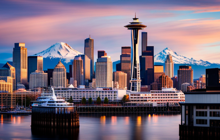 An image showcasing the iconic Space Needle in the background, with a bustling waterfront scene in Seattle's Elliott Bay