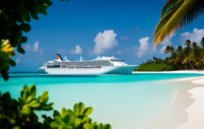 An image that showcases the majestic QE2 cruise ship gliding through crystal-clear turquoise waters, against a backdrop of palm-fringed white sandy beaches and vibrant coral reefs, capturing the allure of its current exotic tropical destination
