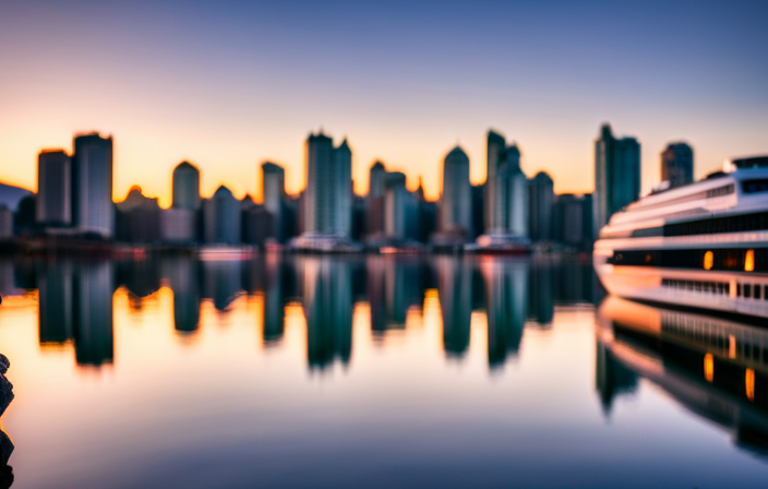 An image showcasing Vancouver's stunning waterfront skyline with luxurious high-rise hotels reflecting against the glistening harbor
