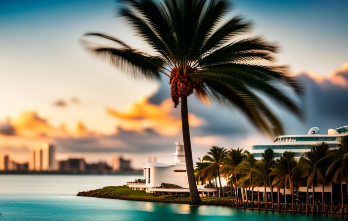 An image showcasing a luxurious waterfront hotel in Miami, adorned with palm trees, overlooking the serene turquoise waters of Biscayne Bay, with a stunning cruise ship docked nearby, hinting at the excitement of an upcoming adventure
