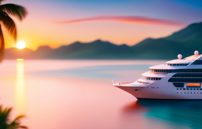 An image showcasing a luxurious cruise ship sailing amidst crystalline turquoise waters, surrounded by lush tropical islands with white sandy beaches, palm trees swaying in the gentle December breeze, and a vibrant sunset painting the sky in hues of orange and pink