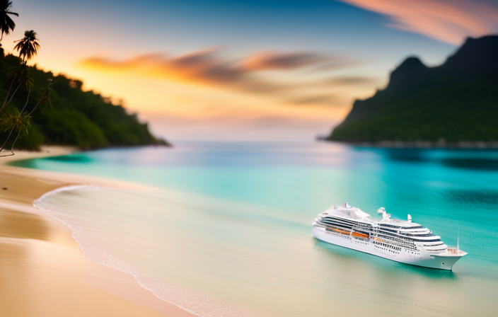 An image showcasing a serene seascape at sunset, with a luxurious cruise ship in the foreground
