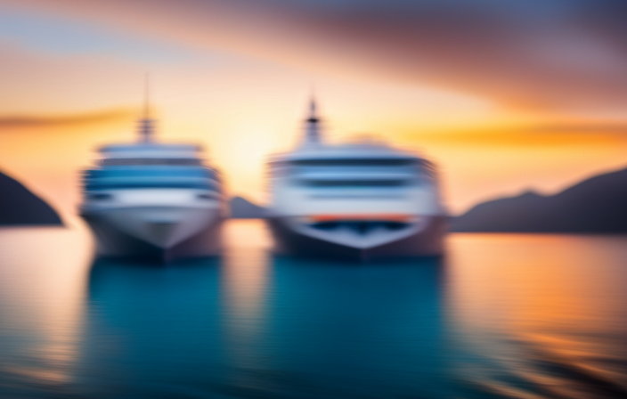 An image capturing the vibrant sunset horizon over the crystal-clear waters of the Mediterranean Sea, revealing a luxurious cruise ship gliding through the calm waves, surrounded by picturesque coastal cliffs and palm trees