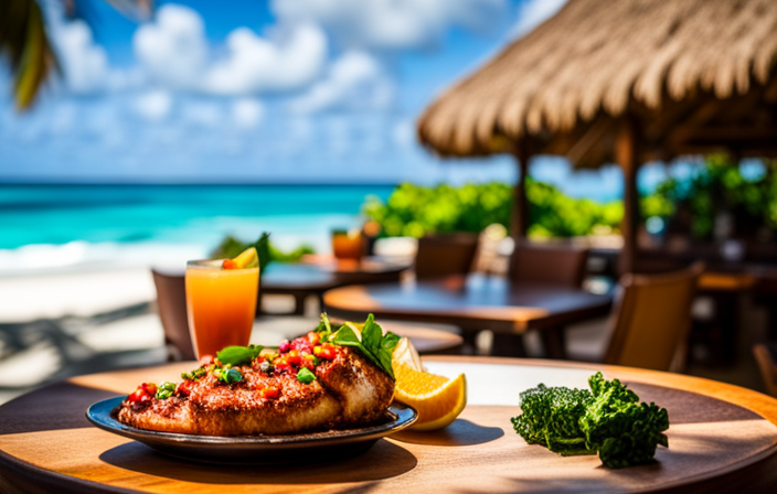 An image of a vibrant, open-air restaurant nestled amidst lush tropical foliage, overlooking the crystal-clear turquoise waters of Cozumel's coastline, with cruise ships docked nearby, enticing readers to discover the best dining spots near the cruise port