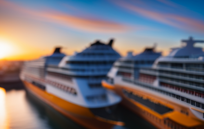 An image showcasing a vibrant, bustling port with towering cruise ships docked alongside