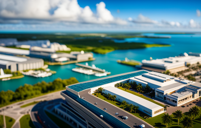An image capturing the stunning aerial view of Port Canaveral's bustling cruise terminal, lined with colossal ships ready to set sail