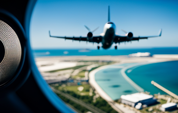 An image showcasing a vibrant airplane soaring above a brilliant blue ocean, with Port Canaveral's iconic cruise ships docked in the background