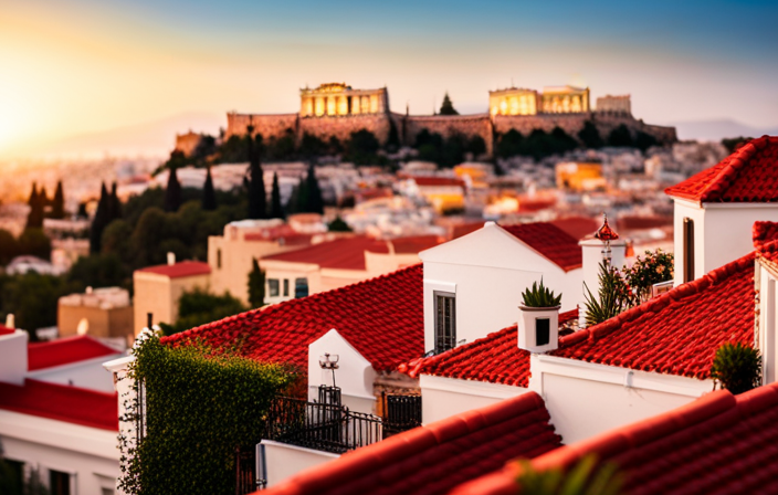 An image showcasing a charming boutique hotel nestled in the historic Plaka district of Athens, with its vibrant red rooftops contrasting against the ancient Acropolis in the background, inviting readers to discover the perfect pre-cruise accommodation