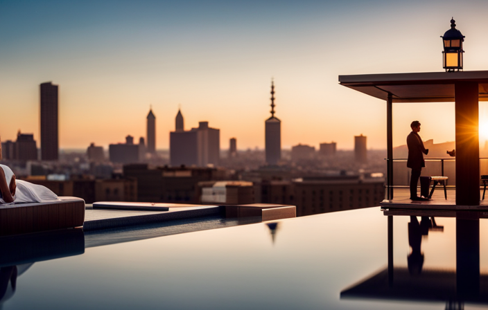 An image capturing the breathtaking skyline of Barcelona, with a luxurious waterfront hotel in the foreground