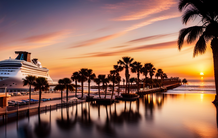 An image showcasing a serene beachfront hotel in Galveston, with palm trees swaying in the gentle sea breeze, a sparkling pool reflecting the golden sunset, and a luxurious cruise ship anchored nearby