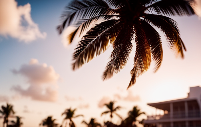 An image showcasing a sun-kissed beachfront hotel in Miami, with towering palm trees lining a pristine white sandy beach