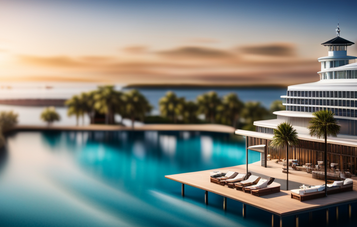 An image showcasing a luxurious waterfront hotel in Port Canaveral, Florida, with a stunning pool overlooking the marina, palm trees swaying in the gentle breeze, and a backdrop of a majestic cruise ship in the distance