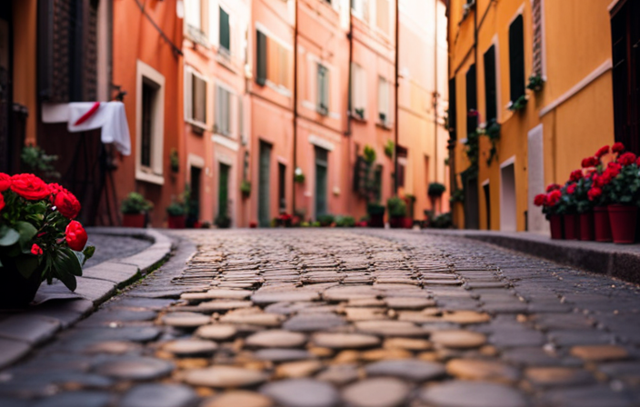 An image showcasing a charming cobblestone street in Rome's Trastevere neighborhood, lined with colorful buildings adorned with vibrant flower boxes