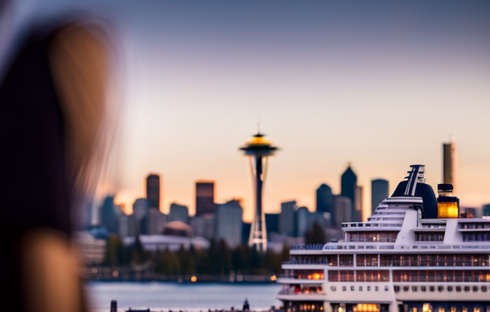 An image showcasing the iconic Space Needle towering over a waterfront hotel, with a magnificent cruise ship docked nearby