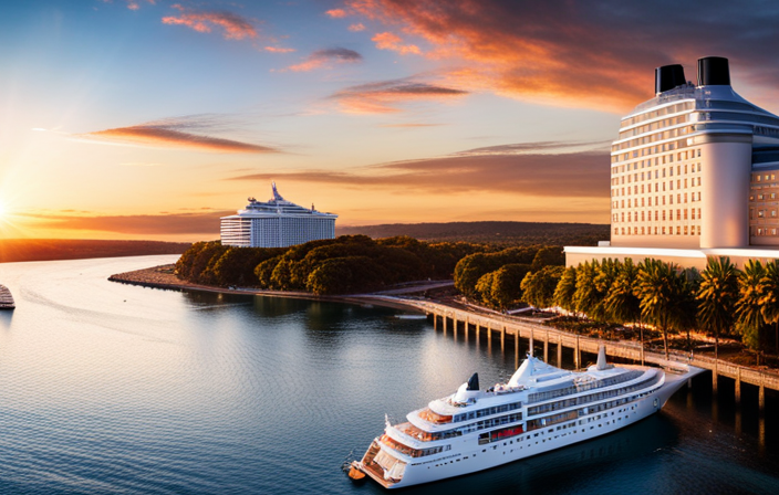 An image showcasing a picturesque waterfront hotel in Southampton, bathed in warm golden light during sunset, with a luxurious cruise ship anchored nearby, hinting at the perfect pre-cruise stay