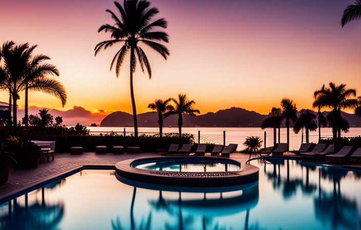 An image showcasing a picturesque waterfront hotel near Cape Liberty Cruise Port, featuring a luxurious outdoor pool surrounded by palm trees, with stunning views of the port and the city skyline in the background