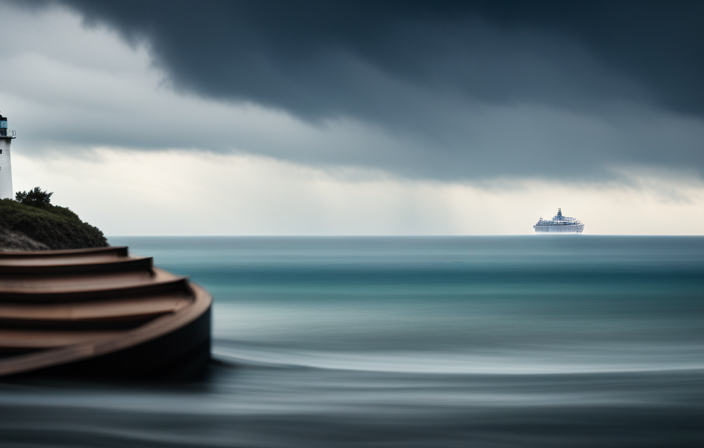 An image featuring a serene ocean landscape with a prominent cruise ship sailing away, surrounded by ominous dark clouds