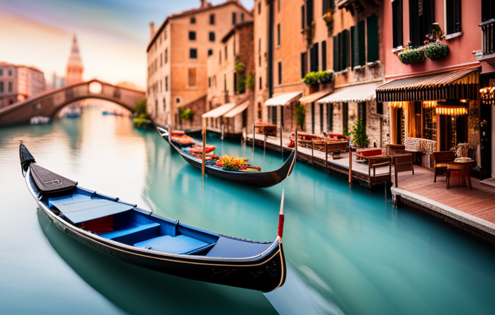 An image showcasing a serene Venetian canal, flanked by historic buildings and picturesque gondolas, with strategically placed docking areas indicating future cruise ship locations for 2023