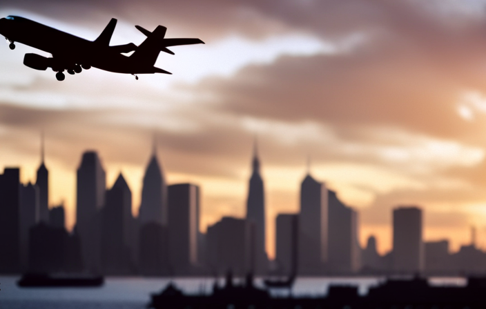 An image showcasing the vibrant skyline of Manhattan Cruise Terminal, with an airplane icon superimposed to represent nearby airports