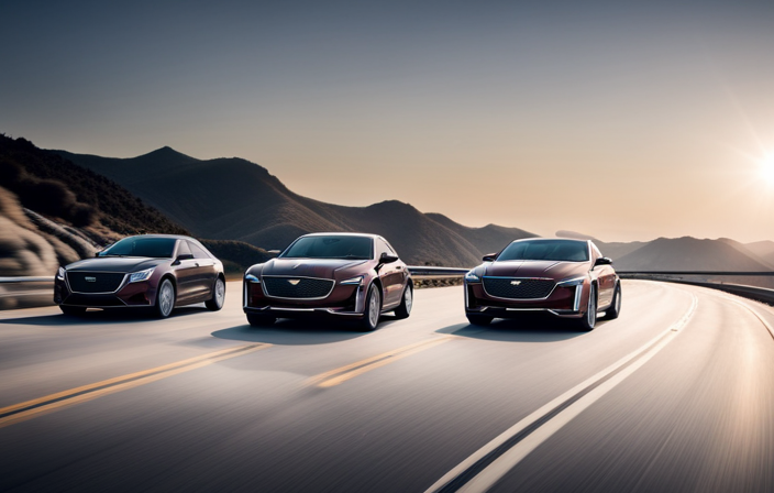 An image showcasing three distinct Cadillac models, each with their unique features: the CT4, CT5, and Escalade