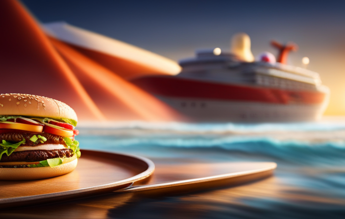 An image featuring a vibrant Carnival cruise ship adorned with the iconic Guy's Burger Joint logo, showcasing the enticing aroma of grilled patties and toppings, inviting readers to discover which ship offers this mouthwatering experience